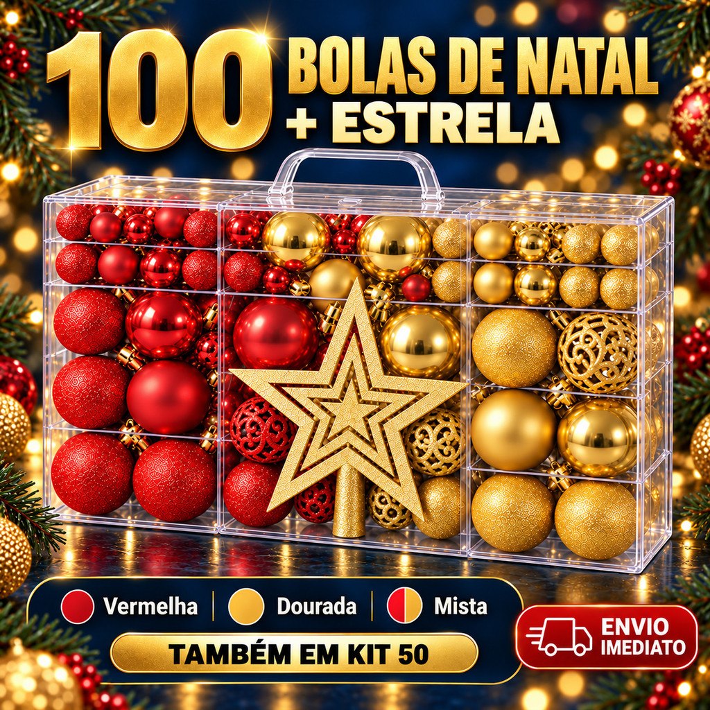 Kit 100 Bolas de Natal E Estrela Ponteira Decoração Enfeite Árvore Fosca Glitter Vermelha Do...