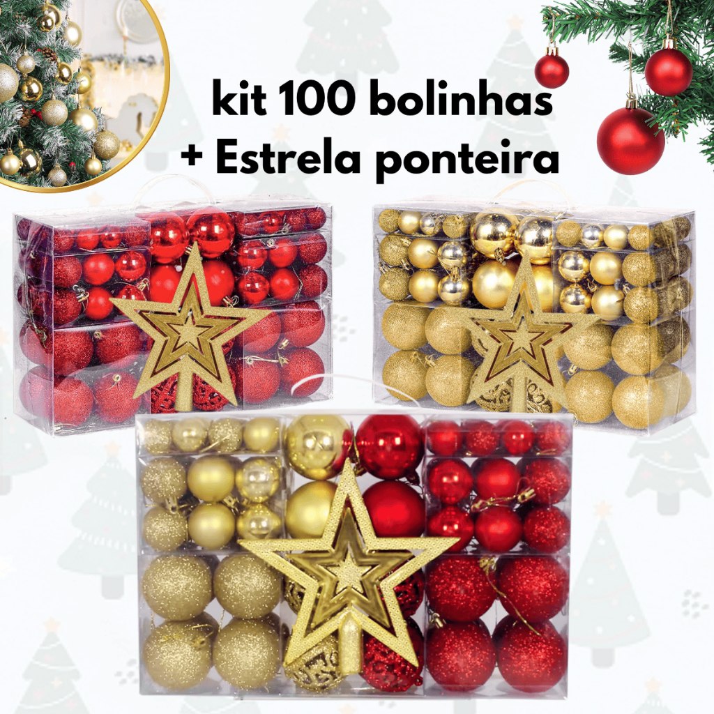 Kit 100 Bolas de Natal E Estrela Ponteira Decoração Enfeite Árvore Fosca Glitter Vermelha Do...