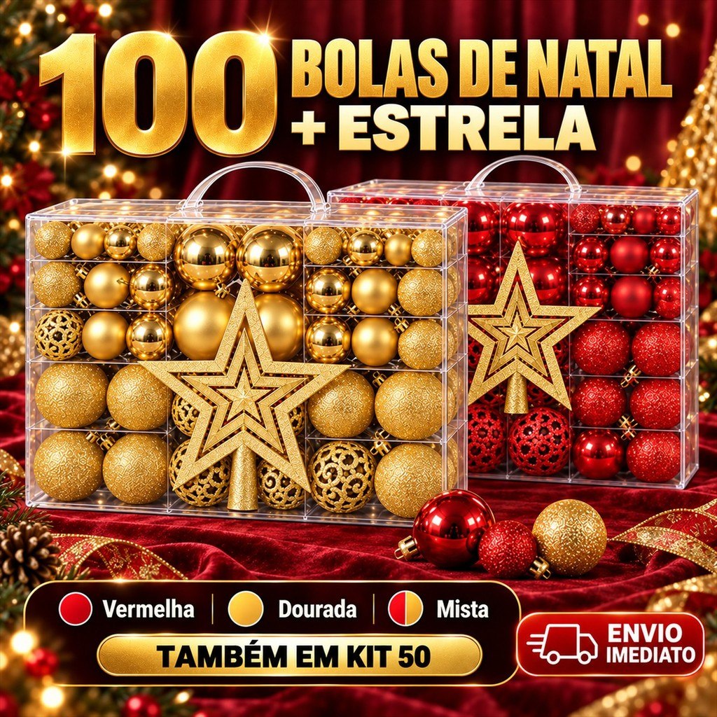 Kit 100 Bolas de Natal E Estrela Ponteira Decoração Enfeite Árvore Fosca Glitter Vermelha Do...