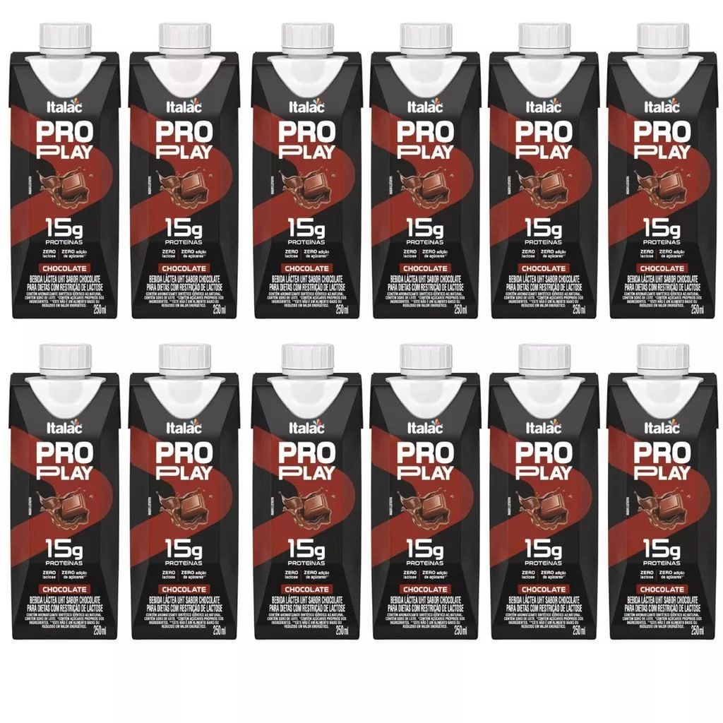 ⚠️ Kit 12x Bebida Lactea Zero Lactose Pro Play Caixa De 250ml Italac - Chocolate 15g proteina