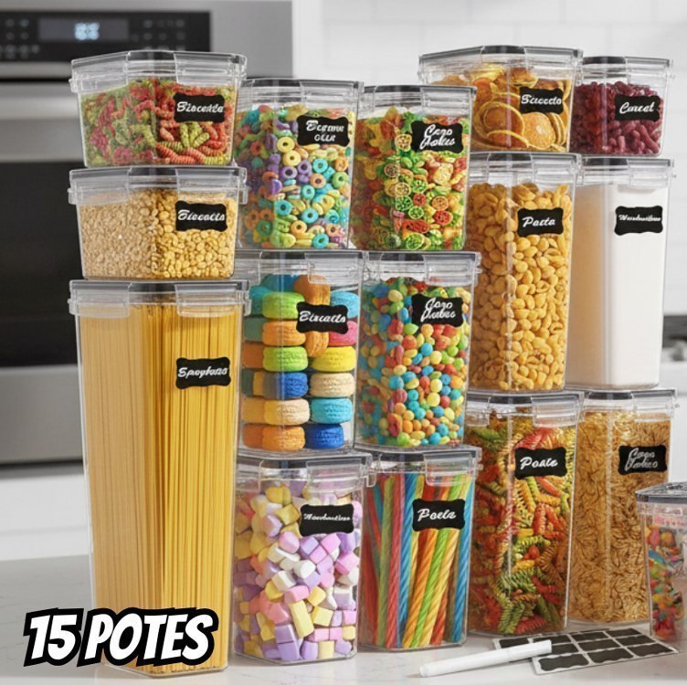 Kit 15 Potes Hermético Cadencia Mantimentos Retangular Cozinha Branco Rishon 22,4 Litros