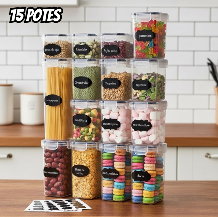 Kit 15 Potes Herméticos Mantimentos Quadrado Cozinha Tampa Trava Recipientes De Organização...