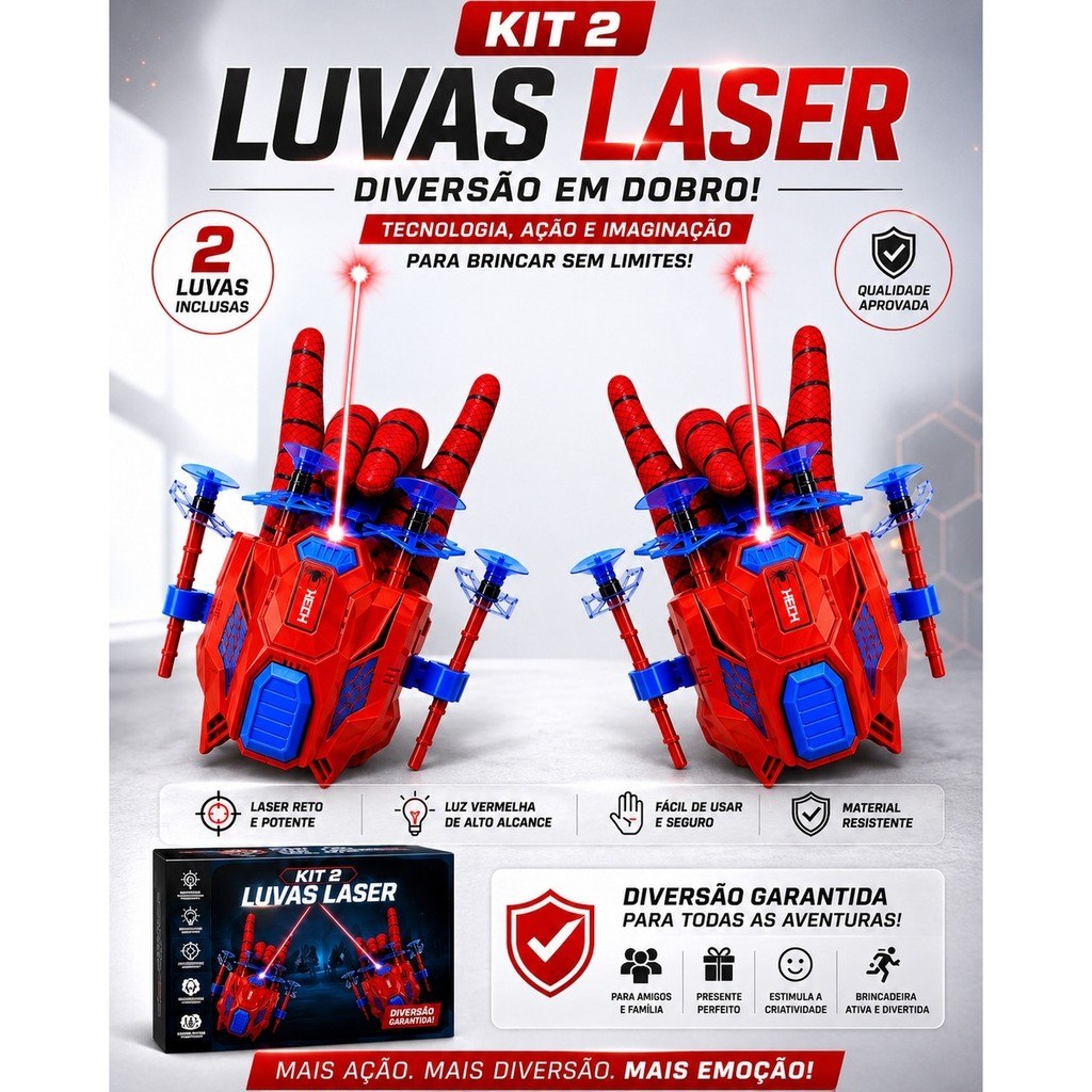 🔥 KIT 2 LUVAS LASER HOMEM ARANHA LANÇADOR DE TEIA INFANTIL COM LASER E DARDOS