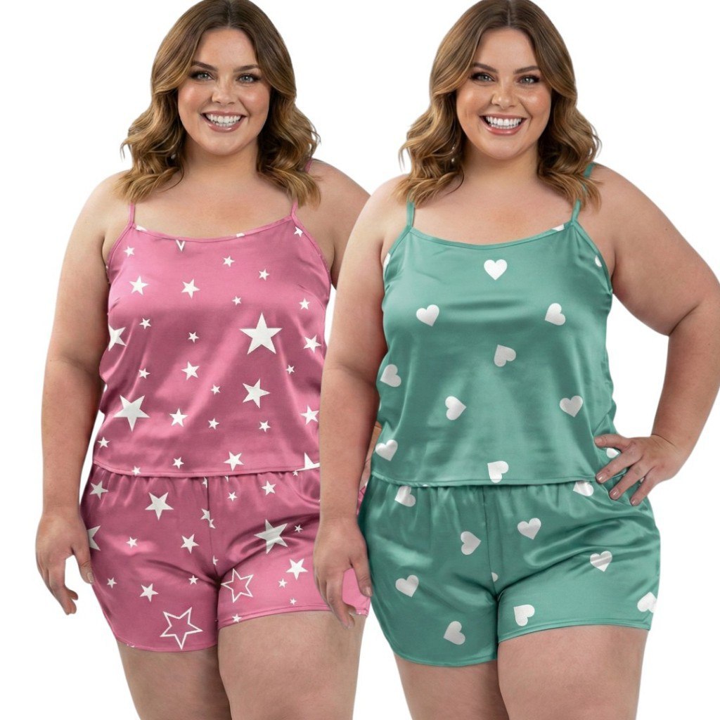 🔥 KIT 2 PIJAMAS PLUS SIZE BABY DOLL CONJUNTO SHORT DOLL ESTAMPADO SEM BOJO PIJAMA FEMININO P...