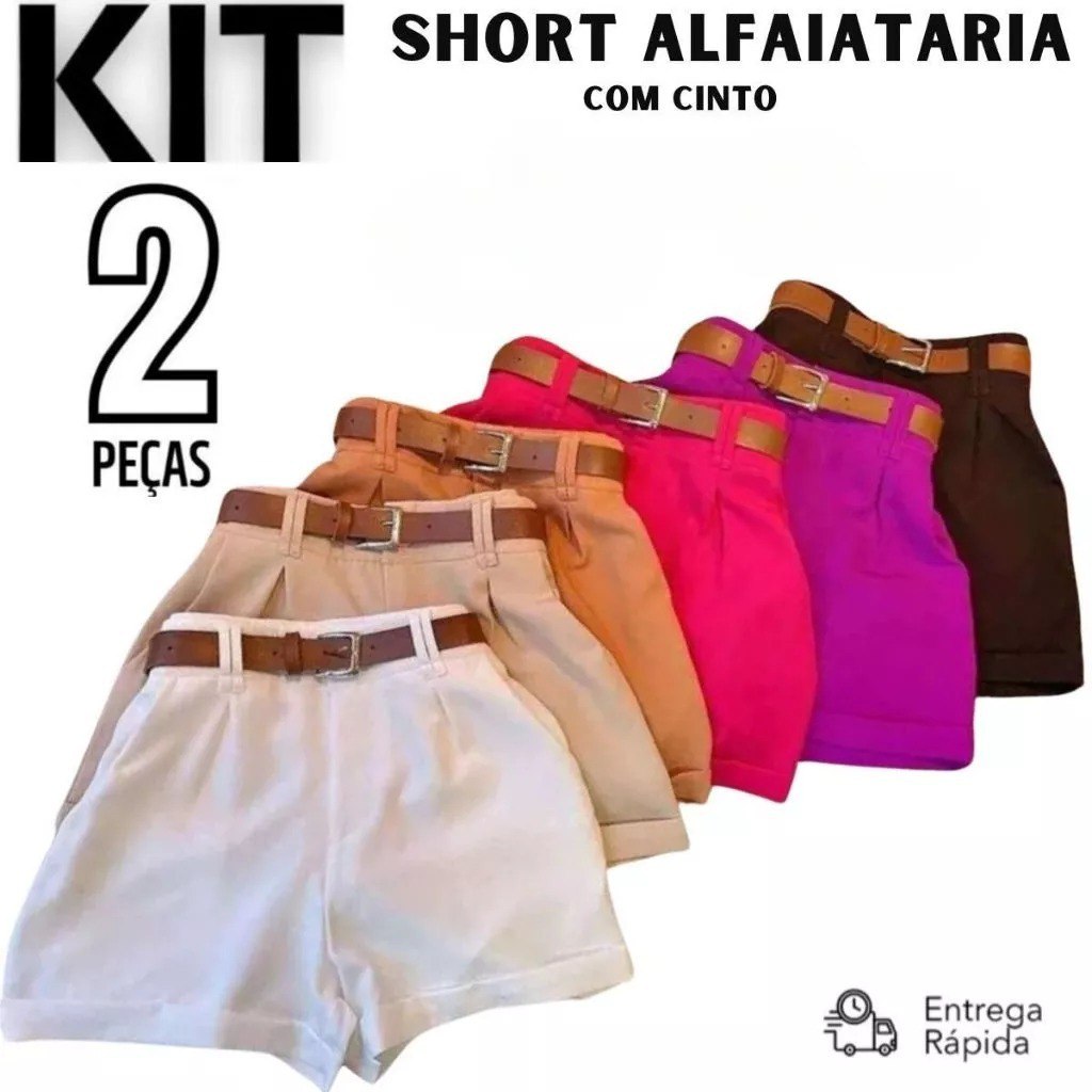 🔥 KIT 2 SHORT FEMININO ALFAIATARIA SOCIAL COM DOIS CINTO CINTURA ALTA PROMOÇÃO