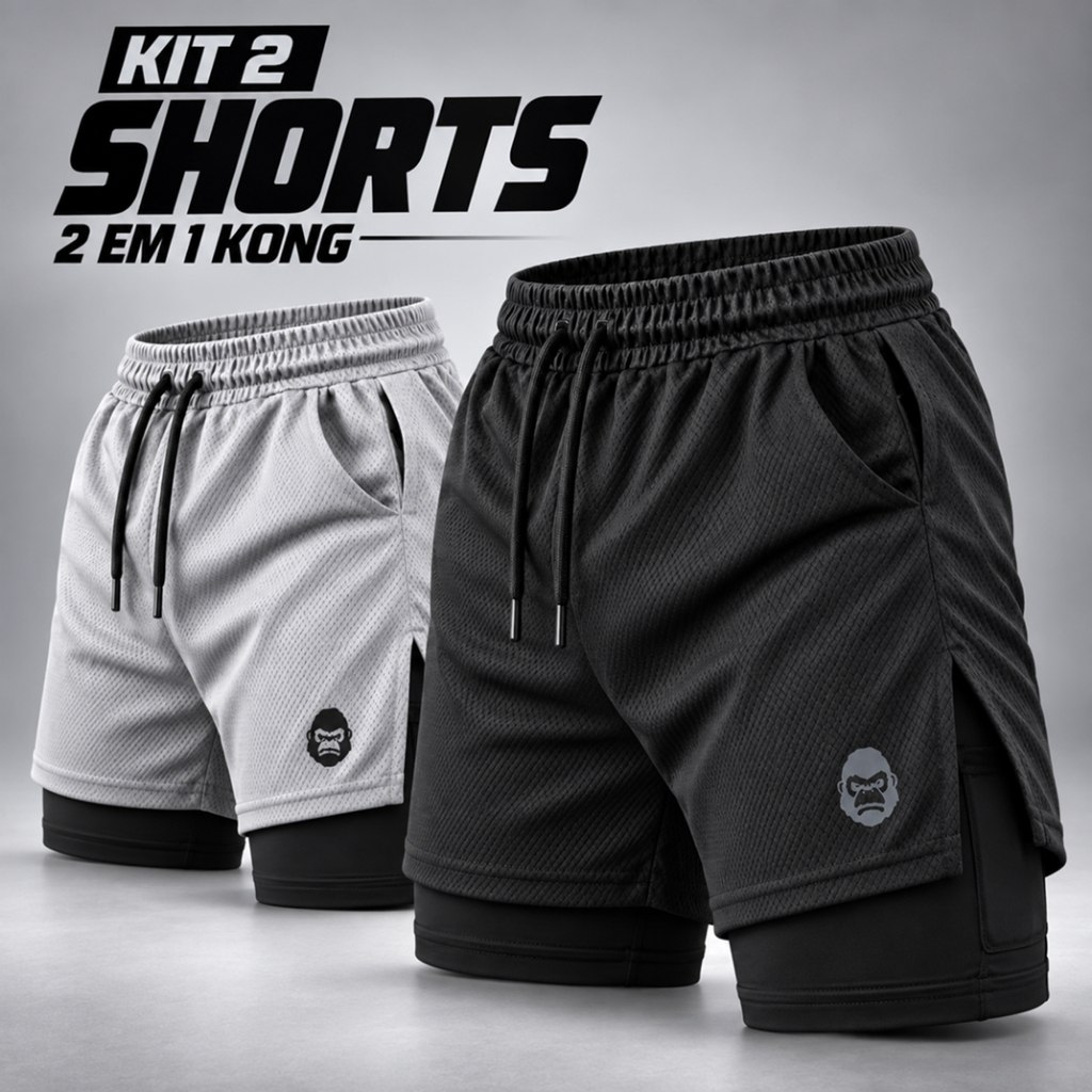 Kit 2 Shorts Masculino Kong 2 em 1 com Compressão, Bolso para Celular e Tecido Dry Fit