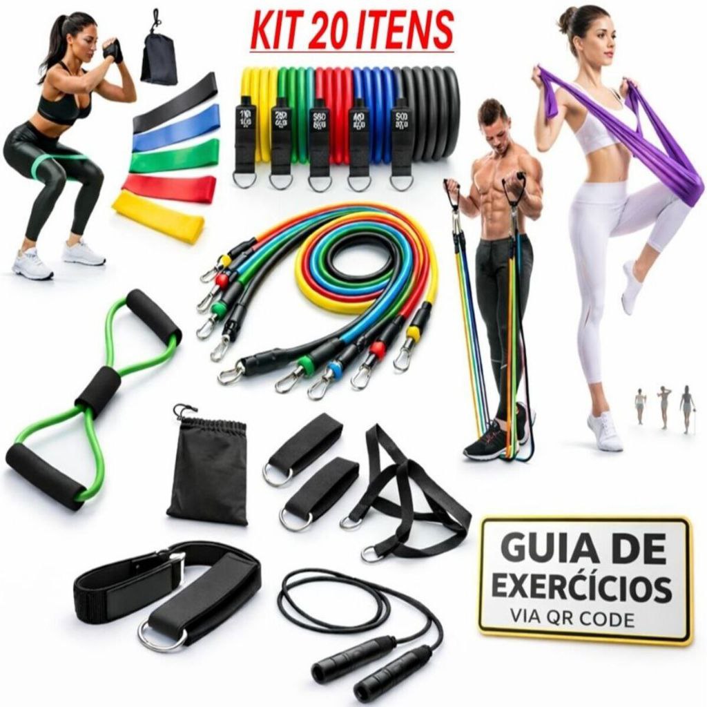 Kit 20 Itens Treino em Casa: Elásticos Extensor + Mini Band + Thera Band + Corda De Pular +...