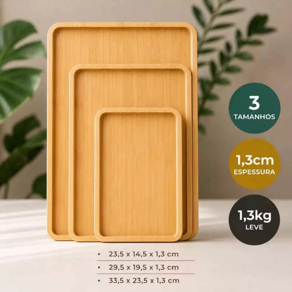 Kit 3 Bandejas De MDF tipo Bambu Retangular Para Cozinha Servir Café da Manhã Decorar Conjun...