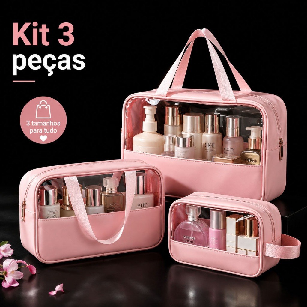 🔥 KIT 3 BOLSAS NECESSAIRE FEMININA PU TRANSPARENTE IMPERMEÁVEL 3 TAMANHOS MAQUIAGEM COM ALÇA...