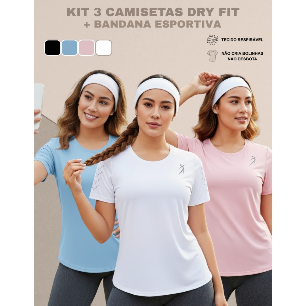 Kit 3 Camisetas Femininas Dry Fit Academia Fitness Corrida Treino Esportivo Confortável Fres...