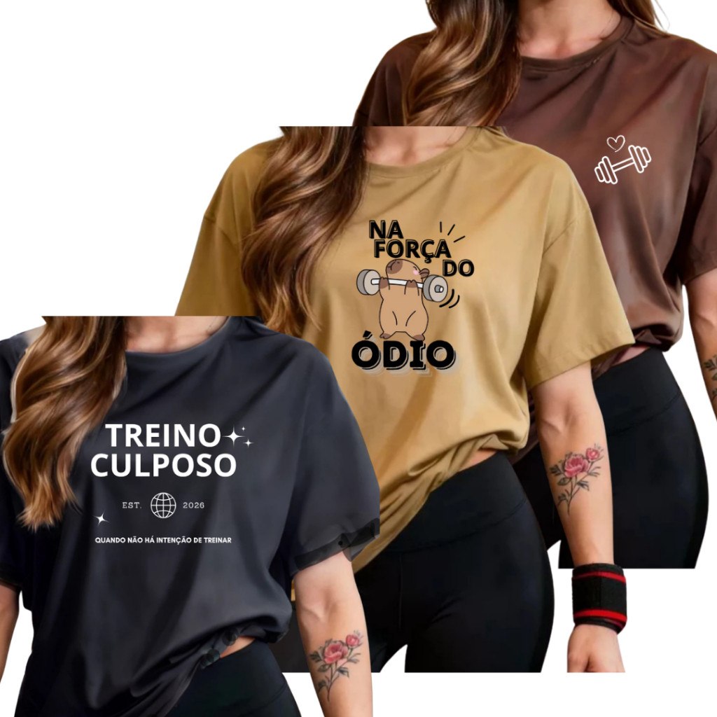 Kit 3 Camisetas Femininas Fitness 100% Algodão Academia Conforto Premium Resistente Estampada