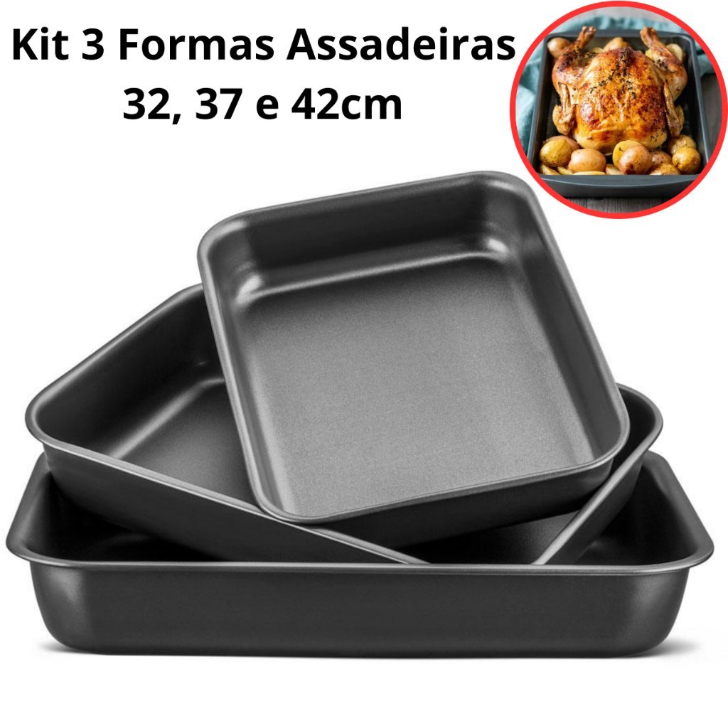 KIT 3 FORMAS ASSADEIRA 32 37 E 42CM RETANGULAR ANTIADERENTE GRANDE AÇO CARBONO BOLO LASANHA...