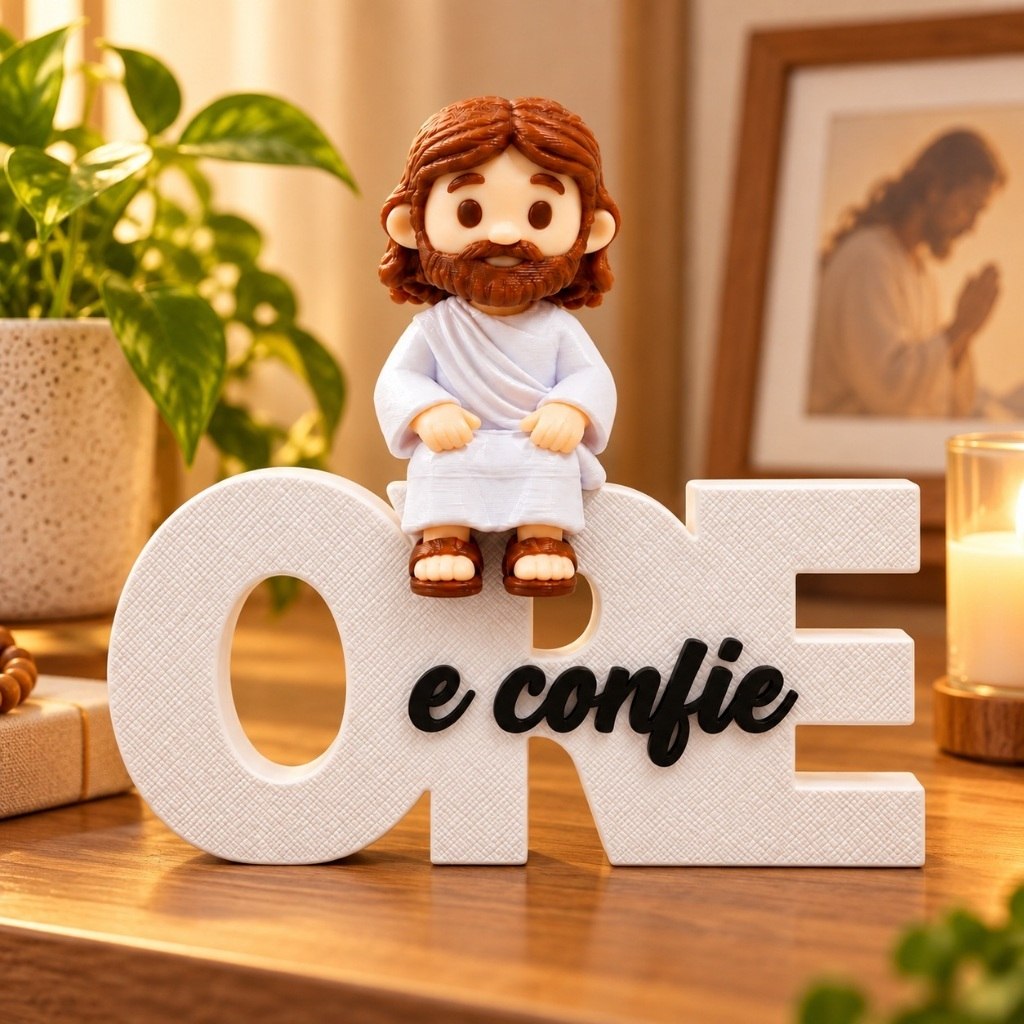 Kit 3 Peças Letreiro Ore e Confie +Mini Jesus 5,5cm +Bandeja Decoração Cristã Enfeite de Mes...