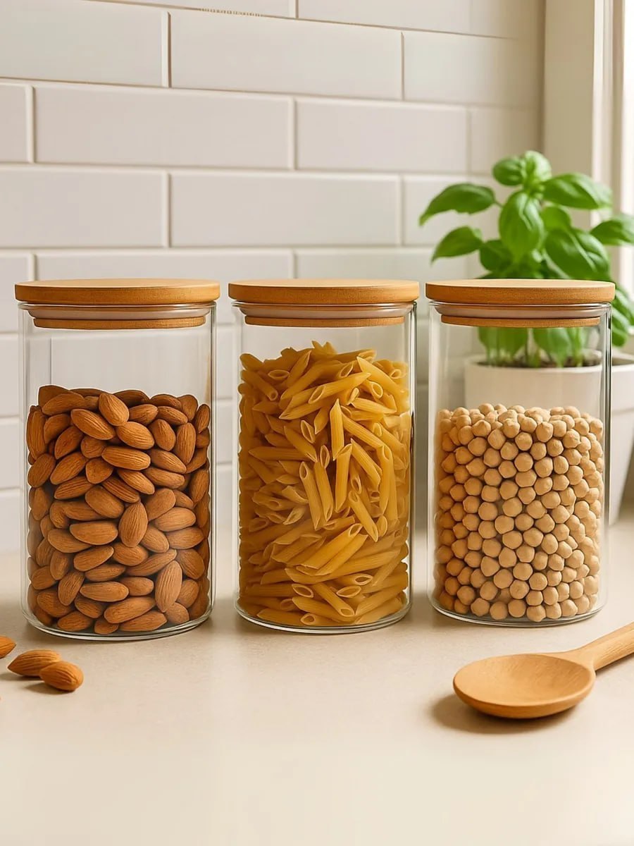 Kit 3 Pote Hermético De Vidro Tampa De Bambu 1l Alimentos*