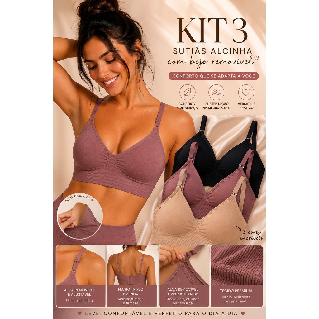 KIT 3 Top Sutiãs Feminino Sem Costura Alça Fina Canelado Com Bojo Removível