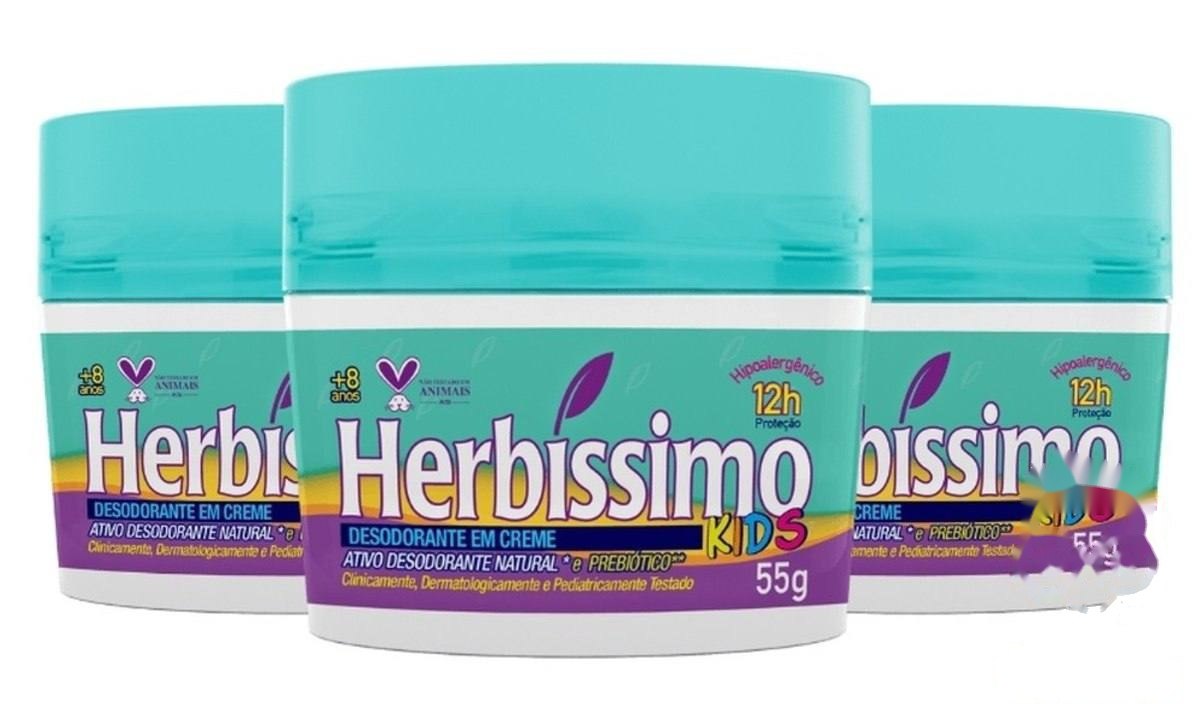 ⚠️ KIT 3 UNID - DESODORANTE CREME ANTITRANSPIRANTE HERBÍSSIMO KIDS 55G