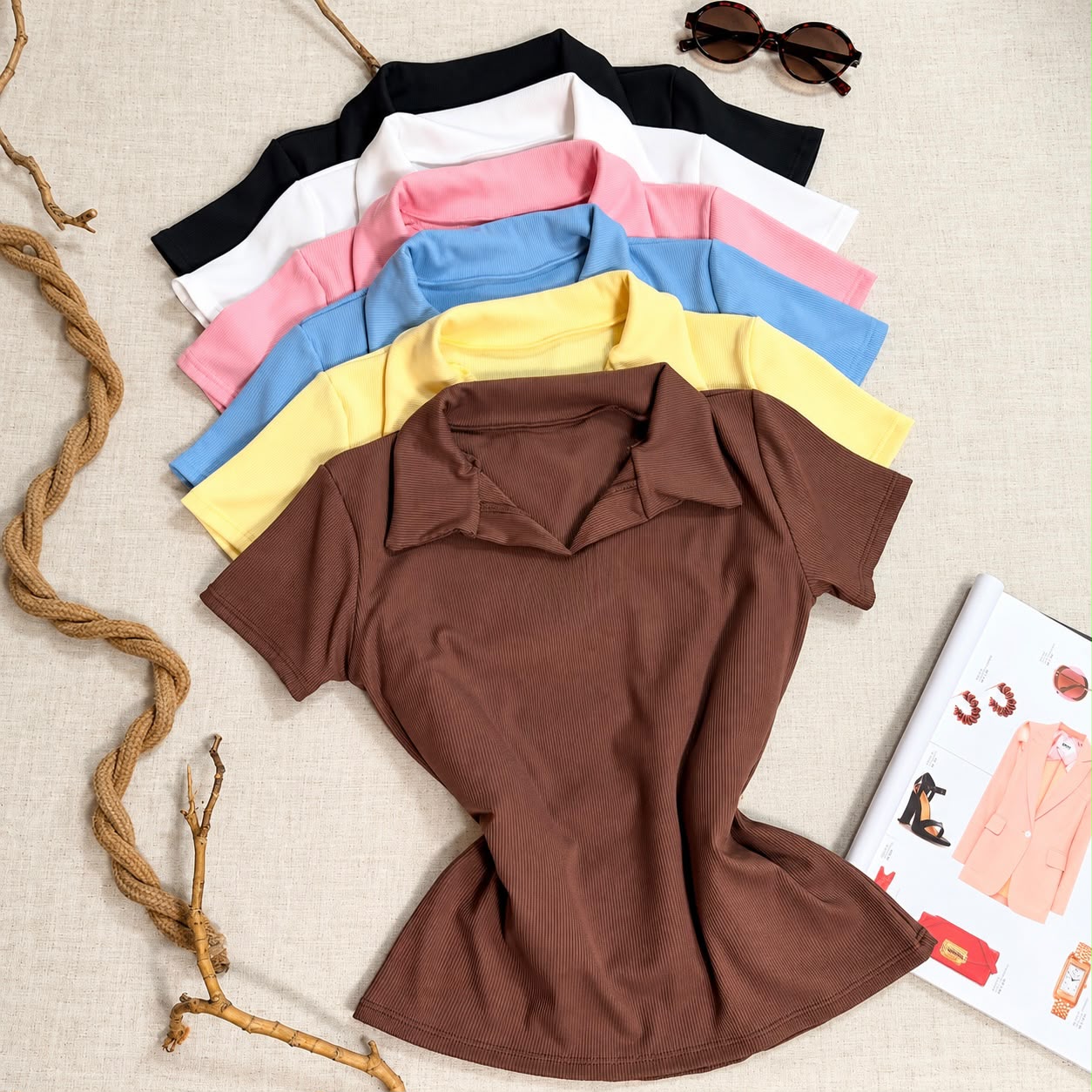 Kit 4 Camisa Gola Polo Feminina Canelada Manga Curta Lisa
