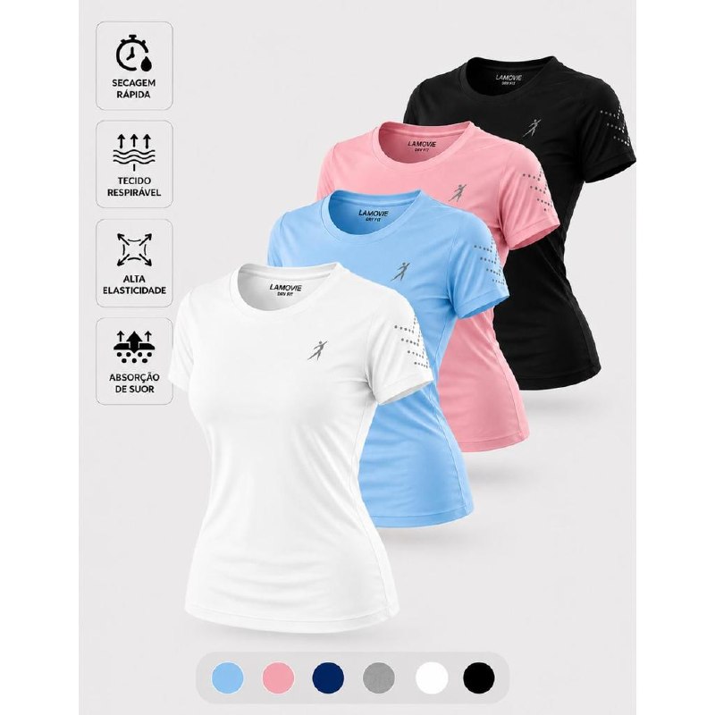 Kit 4 Camisetas Dry Fit Slim Fit Feminina Baby Look Fitness Academia Treino Verão 2026 Lamovie
