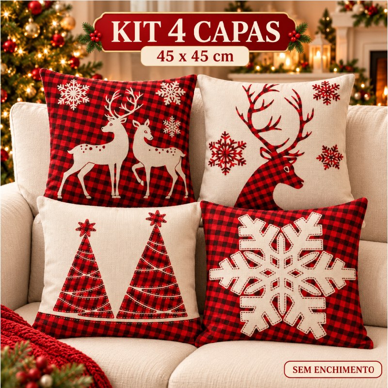 Kit 4 Capas de Almofadas Natalinas Decorativas 45x45 Estampadas C/ Ziper