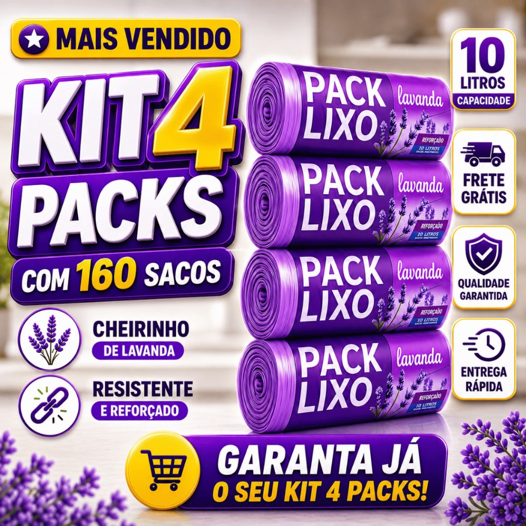 Kit 4 Rolos Sacos de Lixo 10L 160 Unidades Perfumado Cheiroso Lavanda Tira Odores Pia Banheiro