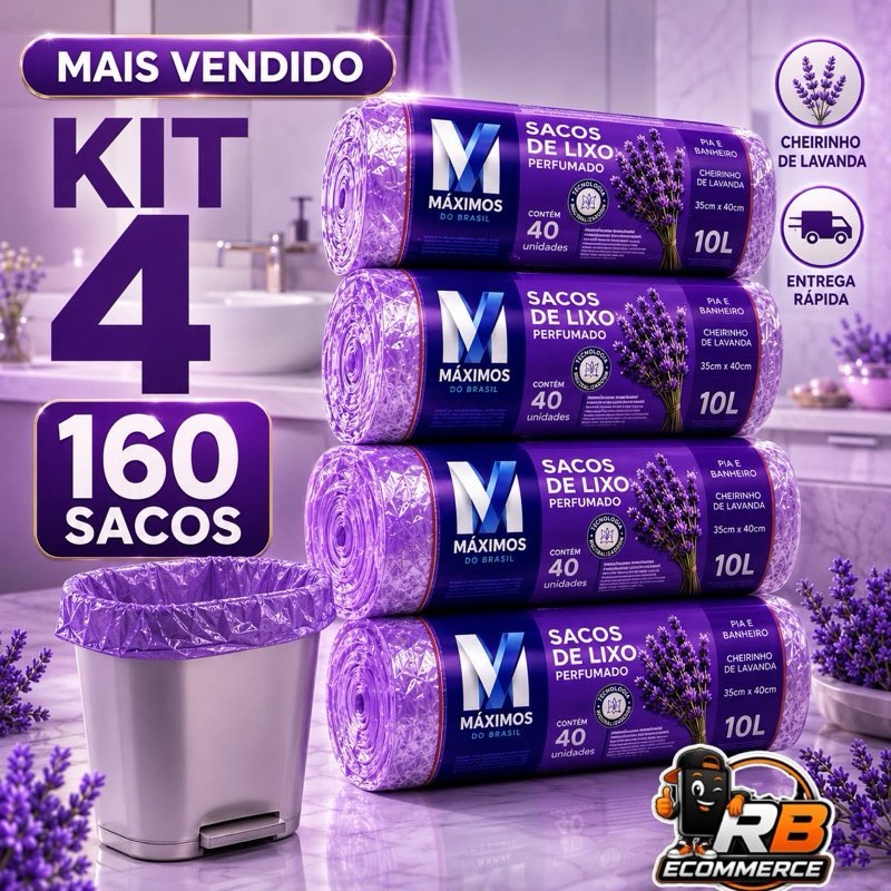 🔥 KIT 4 SACOS DE LIXO PERFUMADOS LAVANDA | 160 SACOS | PIA E BANHEIRO | 34X38CM | NEUTRALIZA...