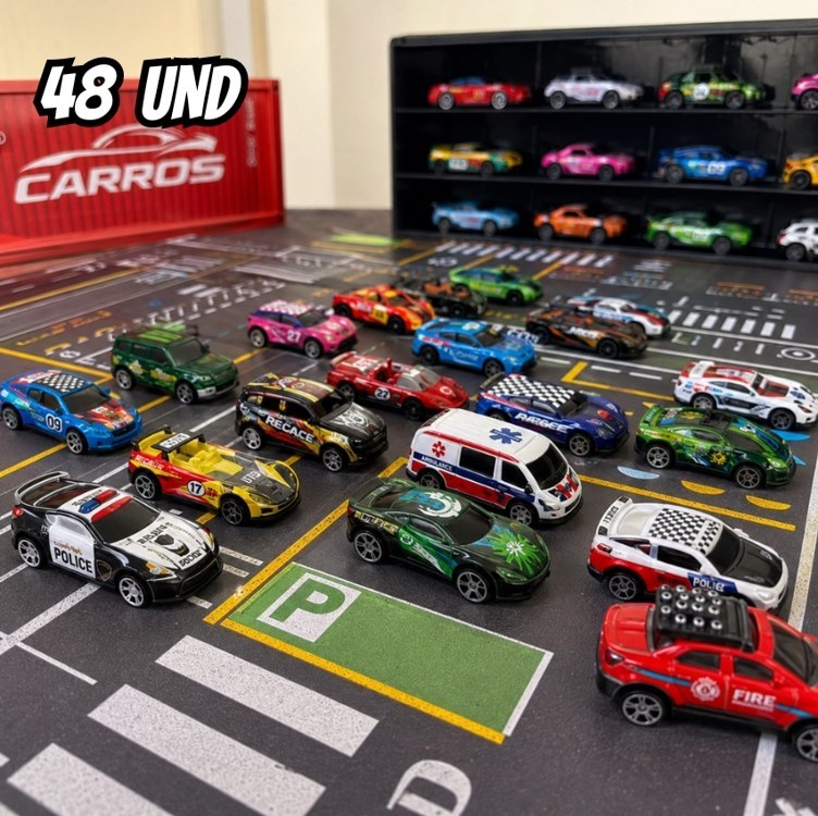 Kit 48 Mini Carrinhos De Fricção De Metal Com 2 Pistas Com Container Afortunado Imports