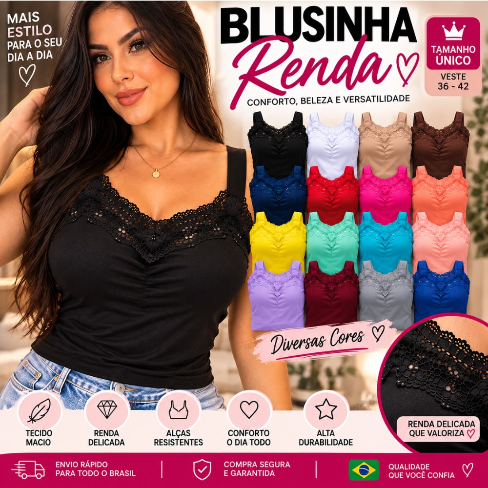 Kit 5 Blusinhas de Renda Feminina – Bojo, Alcinha e Estilo Romântico