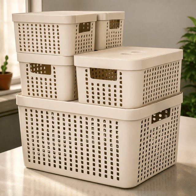 ⚠️ KIT 5 CAIXAS ORGANIZADORAS COM TAMPA CESTO GRANDE DE PLÁSTICO 2 LITROS 4,5 LITROS 17 LITROS