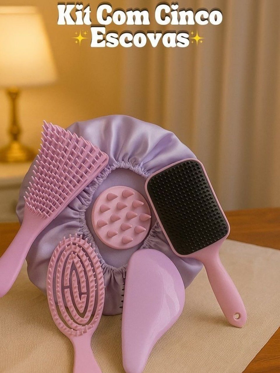 Kit 5 Escovas de Cabelo + Touca de Cetim – Raquete Fashion, Mágica, Polvo, Massageadora de S...