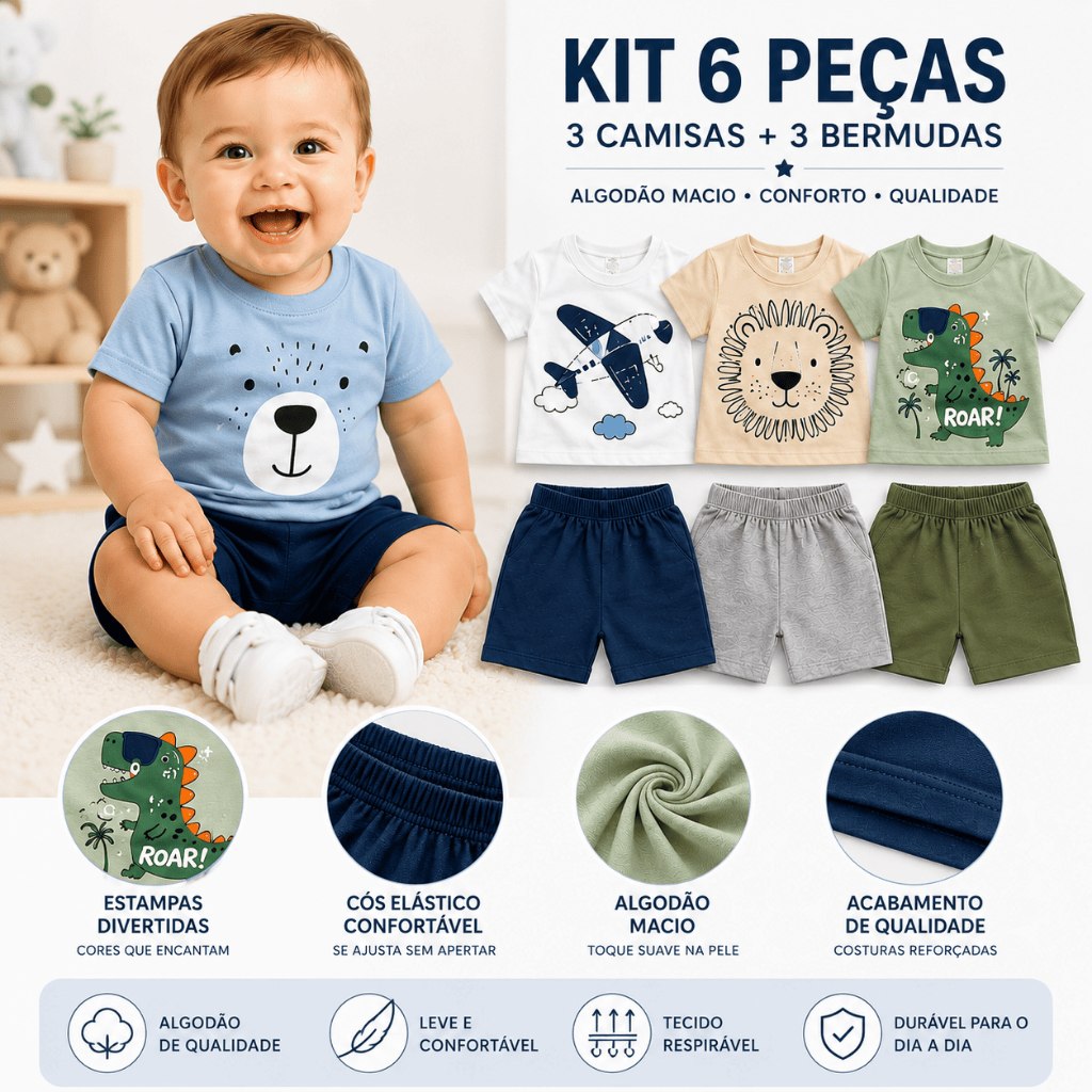 Kit 6 Peças Menino Conjunto Bebê Infantil Estampas Divertidas Inverno 3 Camisas 3 Bermudas A...