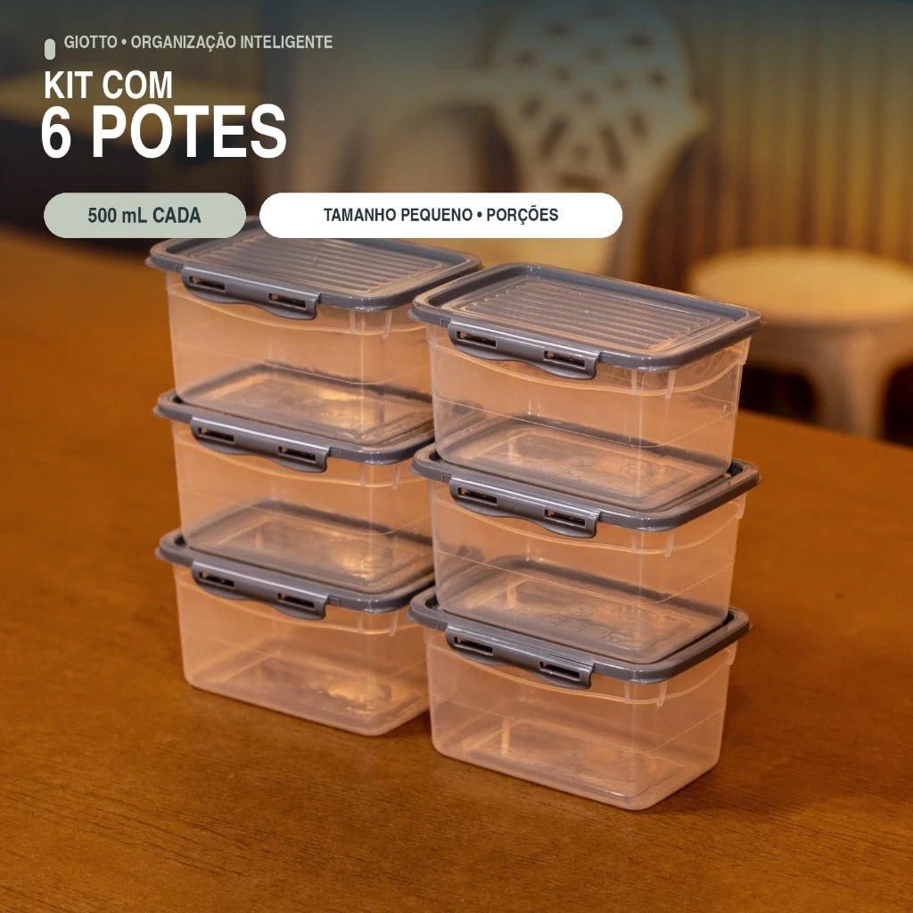 Kit 6 Potes Com Tampa e Trava 500ML Cinza Hermetico Fitnes Freezer Microondas Marmitas Giotto