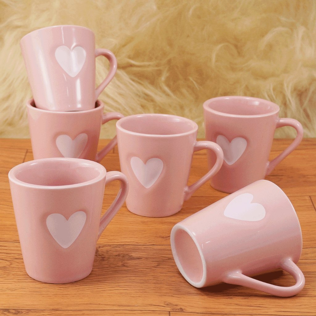 Kit 6 Xicaras Canecas Chá Café Porcelana 120 ml Rosa Coração Relevo Branco