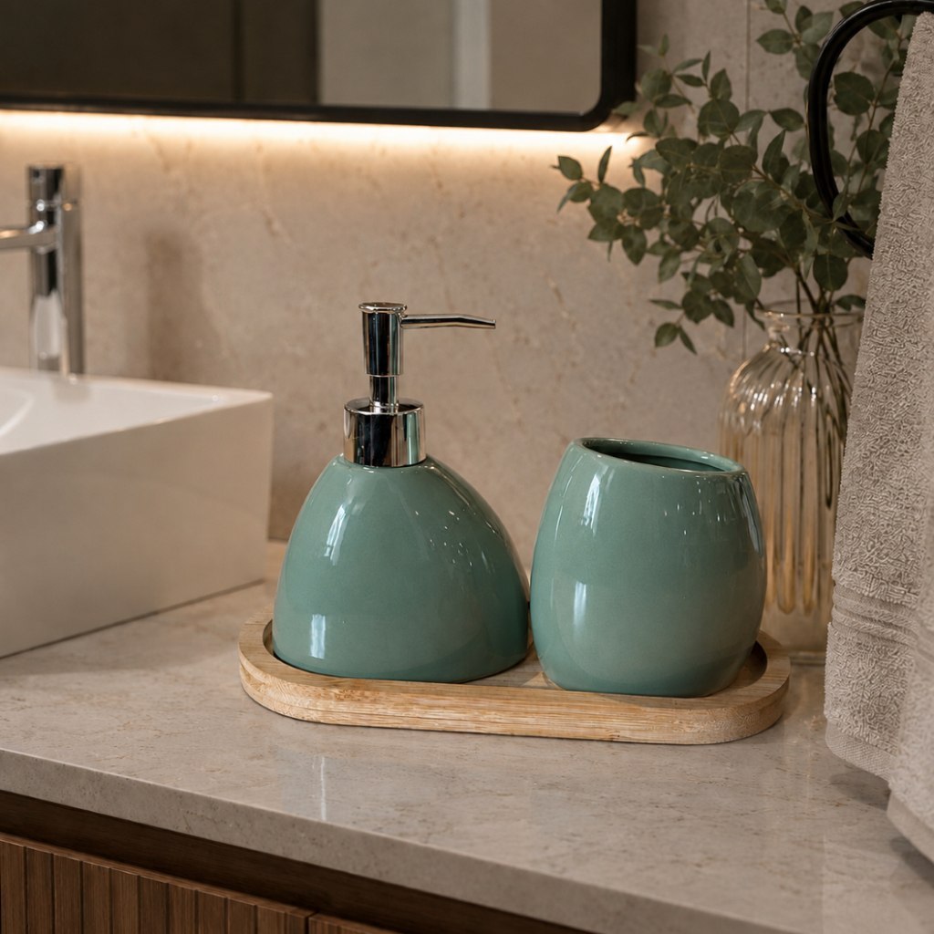🔥 KIT BANHEIRO LAVABO 2 PEÇAS + BANDEJA DE BAMBU PORTA SABONETE LÍQUIDO SUPORTE P/ESCOVAS EM...