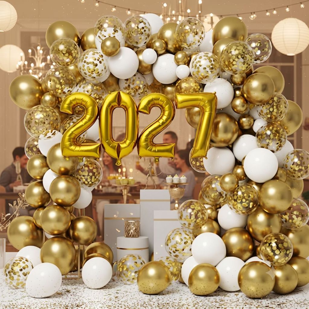 Kit Bexiga Balões Festa 2027 Decoração Arco Ano Novo Branco Dourado Cromado Metalizado Révei...