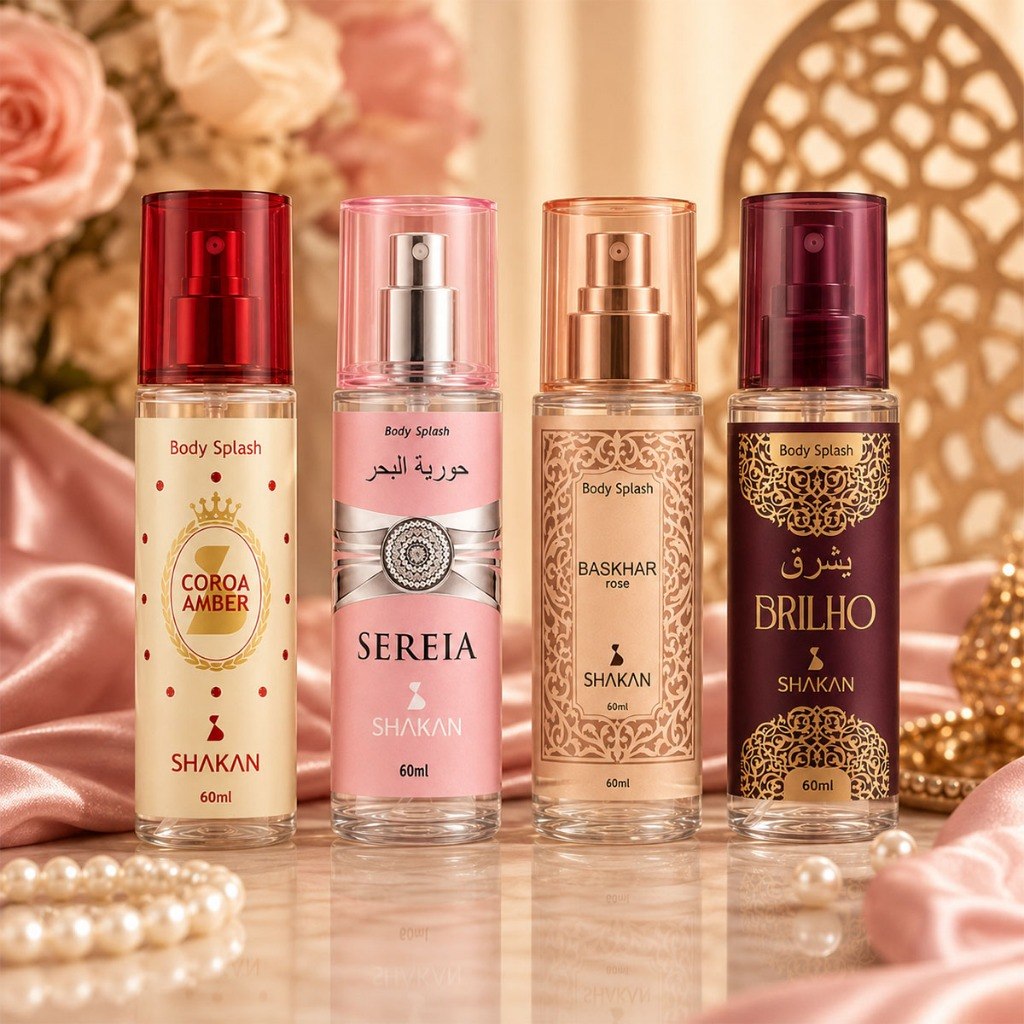 Kit Body Splash Feminino Arabe 60ml Shakan Coroa Amber Sereia Rubi Ametysta Presente Bolsa A...