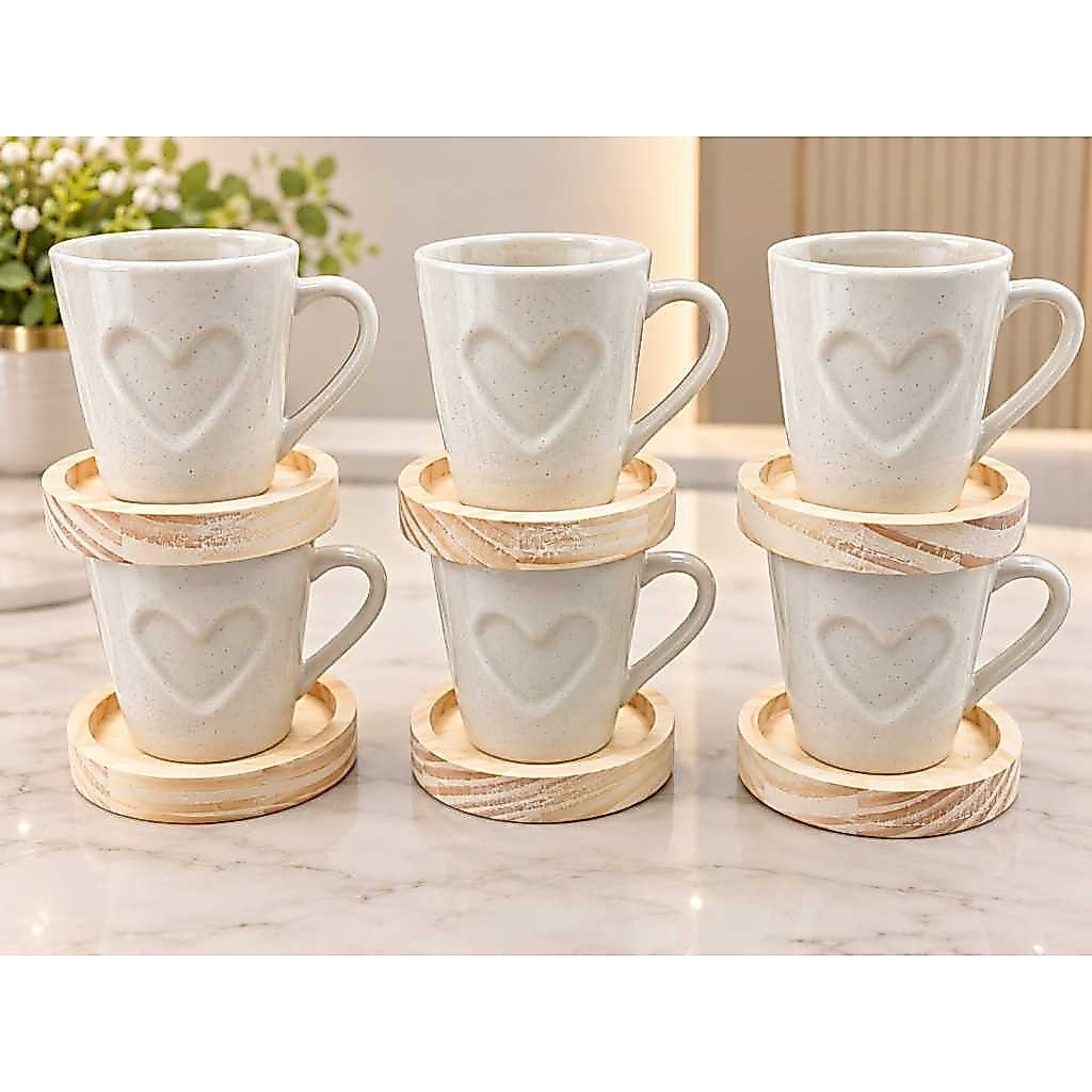 Kit Canecas Xicaras Café Chá Porcelana Granilha Camurça 120ml Coração Relevo com Pires Madei...