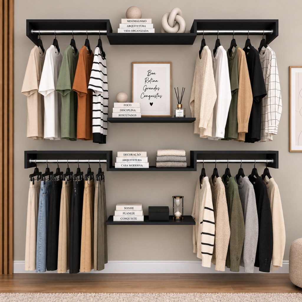 Kit Closet Aberto Suspenso C/ Cabideiros e Prateleiras 60cm - Modulável Organizador Roupeiro...