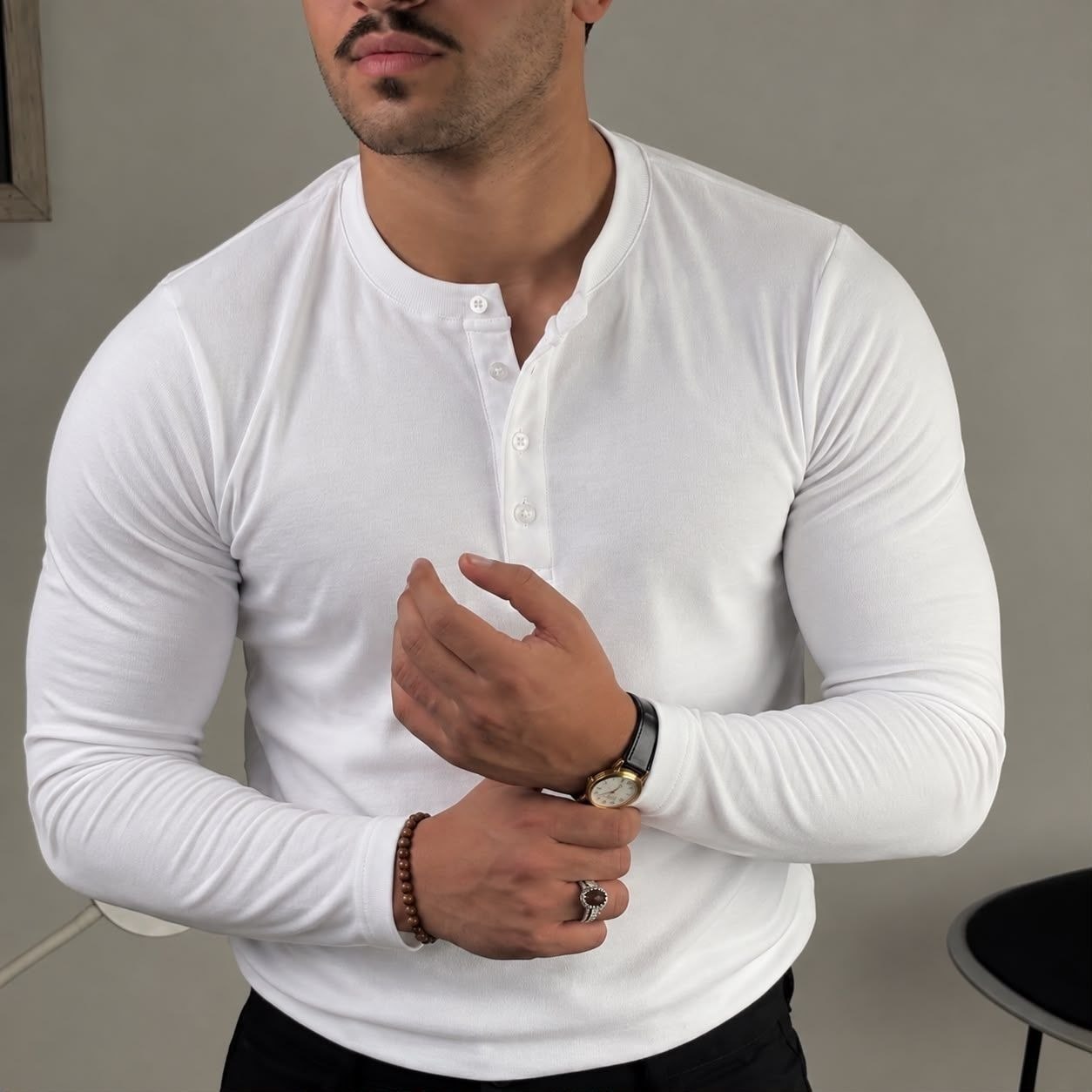Kit com 2 Camisetas Henley Slim 4 Botões Manga Longa