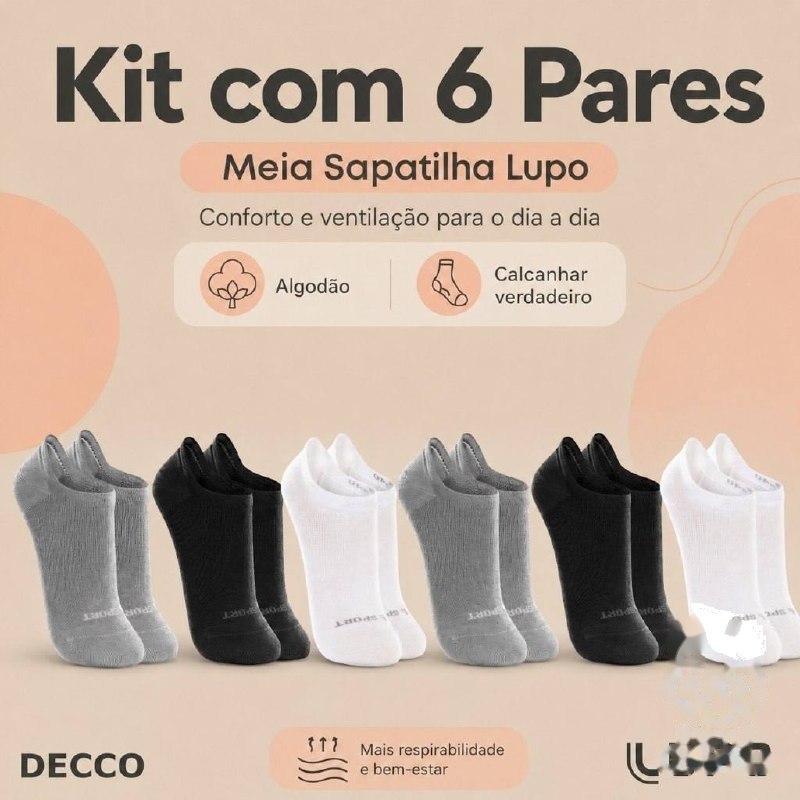 ⚠️ KIT DE 6 PARES MEIAS CANO INVISÍVEL LUPO SPORT ALGODÃO SOQUETE SAPATILHA UNISSEX