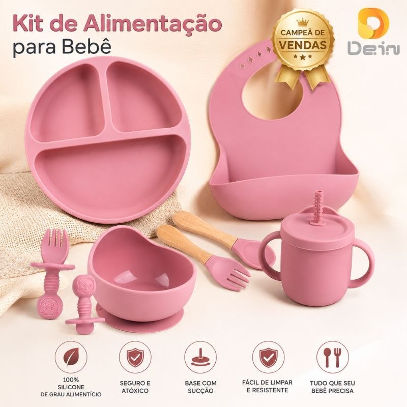 Kit de Alimentação para Bebê de Silicone 8 e 6 Peças Infantil Ventosa Canudo Colher Babador...