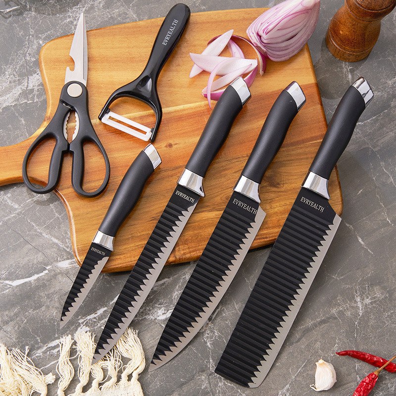🔥 KIT DE CONJUNTO FACAS COLORIDAS/PRETOS TESOURA DESCASCADOR COZINHA GOURMET 6 PEÇAS