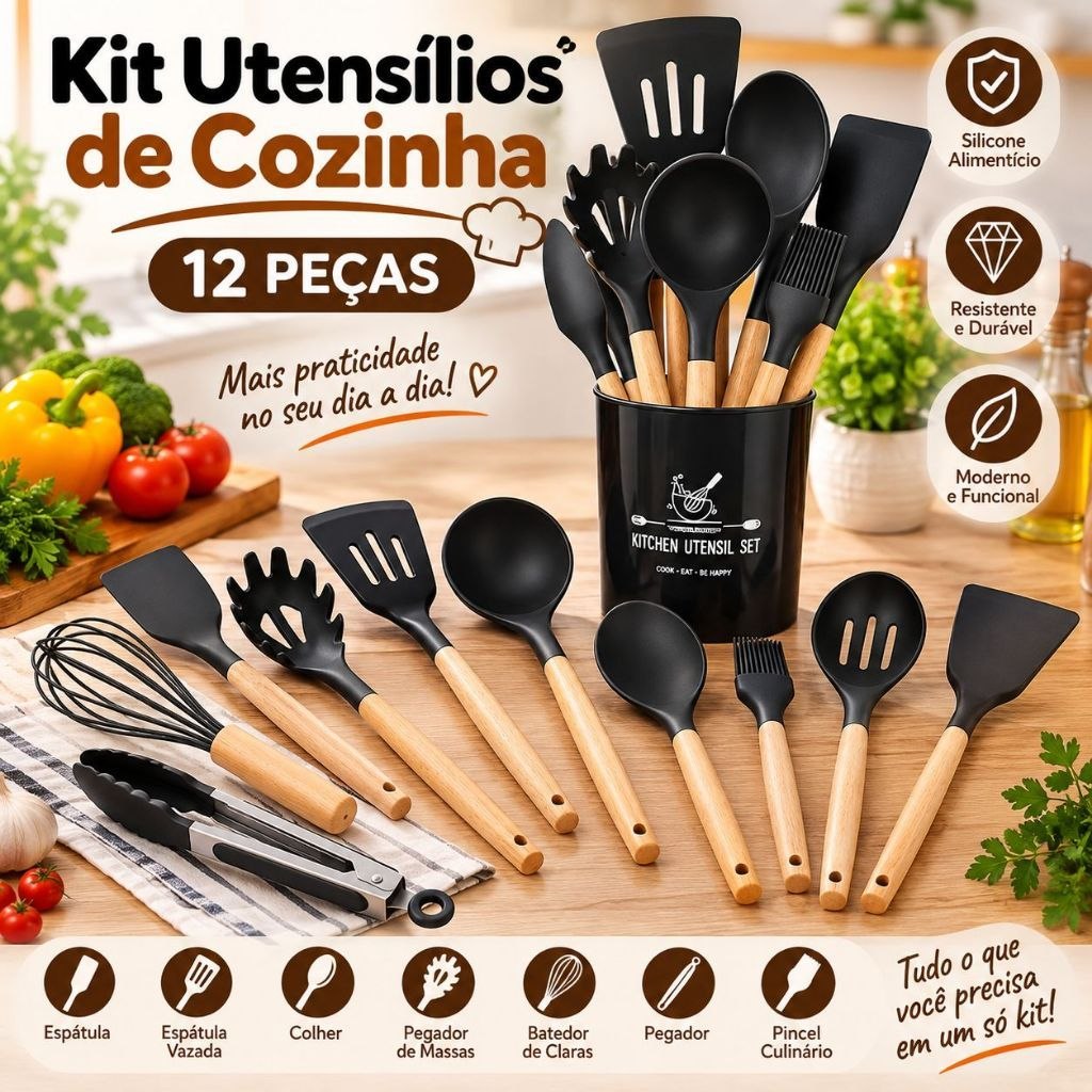Kit de Utensílios Completo Em Silicone Cabo de Madeira Resistentes ao Calor Design Moderno