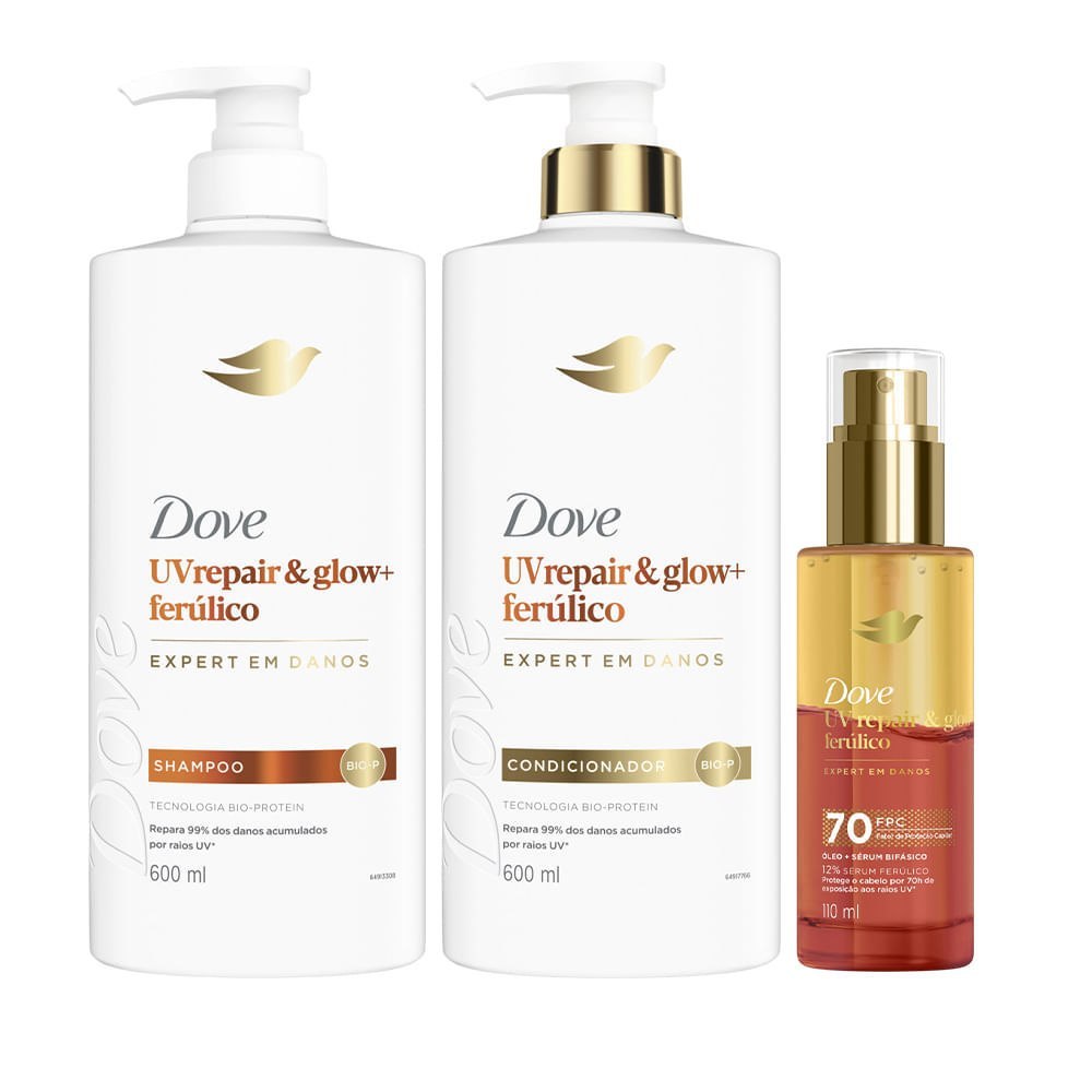🆘KIT DOVE UV REPAIR &AMP; GLOW + FERÚLICO SHAMPOO 600ML + CONDICIONADOR 600ML + ÓLEO 110ML