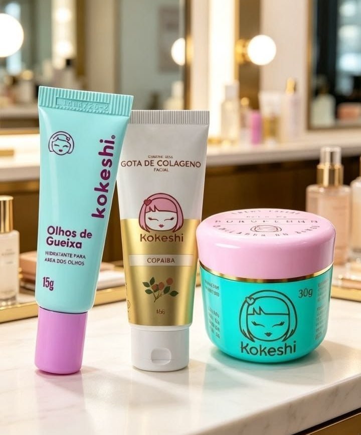 Kit Facial Kokeshi Completo 3 Passos Olhos de Gueixa, Pele de Porcelana e Gota de Colágeno