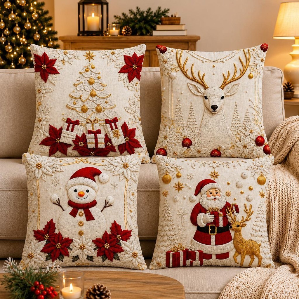 KIT FELIZ NATAL 4 PEÇAS CAPA DE ALMOFADAS PARA DECORAÇÃO NATALINA