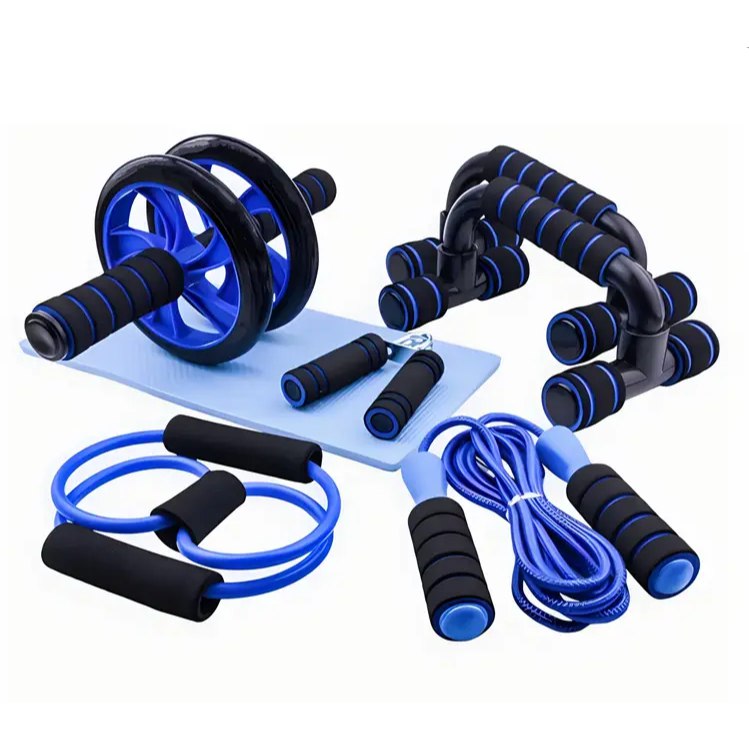 Kit Fitness 6 em 1 Roda Abdominal Flexão Corda Elástico Hand Grip Tapete Treino em Casa