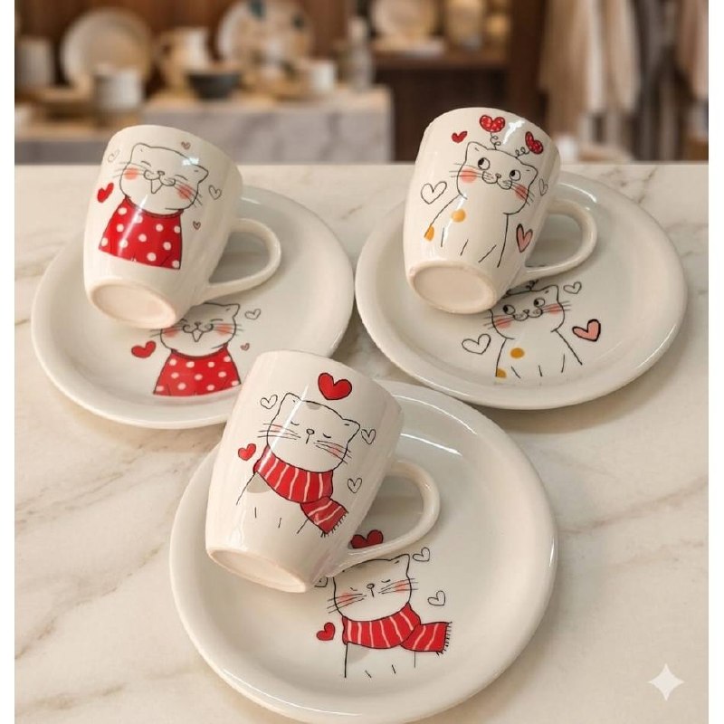 Kit Jogo Caneca Landy 240ml + Prato Sobremesa Lanche em Porcelana Linha Kids Gatinha Branco