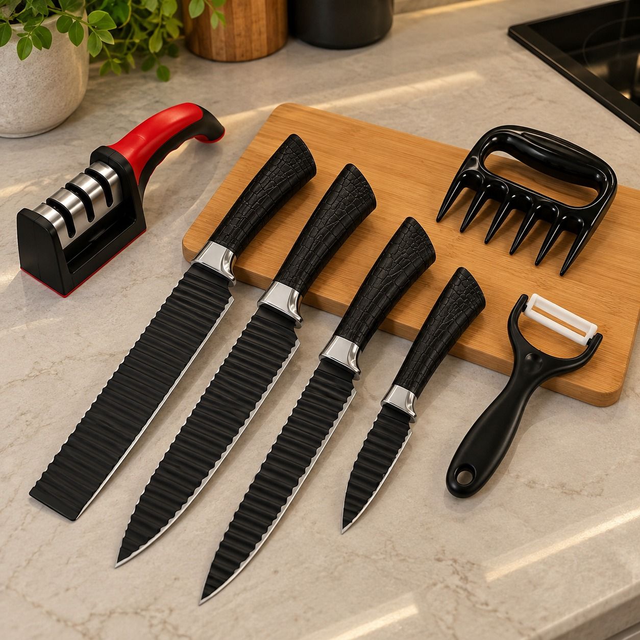 Kit Jogo De Facas Inox Conjunto 9 Peças Cozinha Churrasco Tesoura Descascador Tabua Brinde A...
