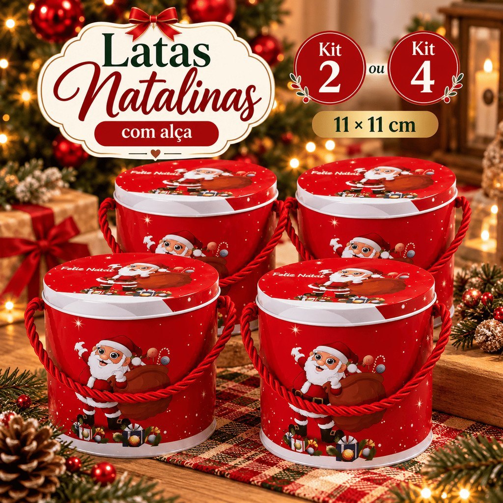 🆘KIT LATAS NATALINAS METAL REDONDAS DOCE PRESENTE COM ALÇA ENFEITE DE NATAL, LEMBRANÇA DE NA...
