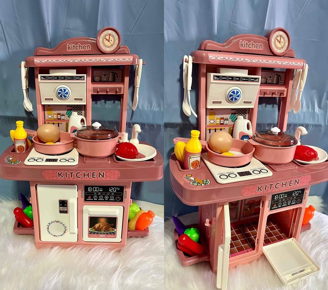 Kit Mini Cozinha de Brinquedo Fogão Geladeira Forno solta Água e som cor Rosa Atentu